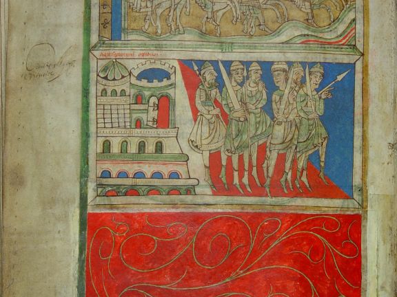 Carlomagno con sus soldados saliendo de Aachen 