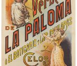 Dibujo con una señora mayor con pañoleta, mandil y abanico en la parte superior izquierda y en la parte inferior derecha una pareja de mujeres bailando. Entre ellas se lee en letras rojas "La verbena de la paloma"