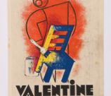 Dibujo geométrico de un hombre con una brocha que está pintando una silla azul y amarilla junto a un bote de pintura en el suelo y como fondo una mancha difusa en color rojo. En la parte inferior en letras negras se lee "Valentine"