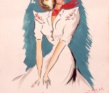 Dibujo de una mujer sentada mirando a un lado con vestido blanco, pañuelo rojo en el cuello y gafas de sol. En la parte inferior en letras rojas se lee "Últimas novedades"