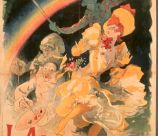 Cartel con el dibujo de una mujer con vestido amarillo y blanco y tres figuras, uno de ellos un arlequín con una paleta de pintor. En letras negras en la parte superior se lee Folies Bergère y en la parte inferior en letras rojas "L'arc en ciel"
